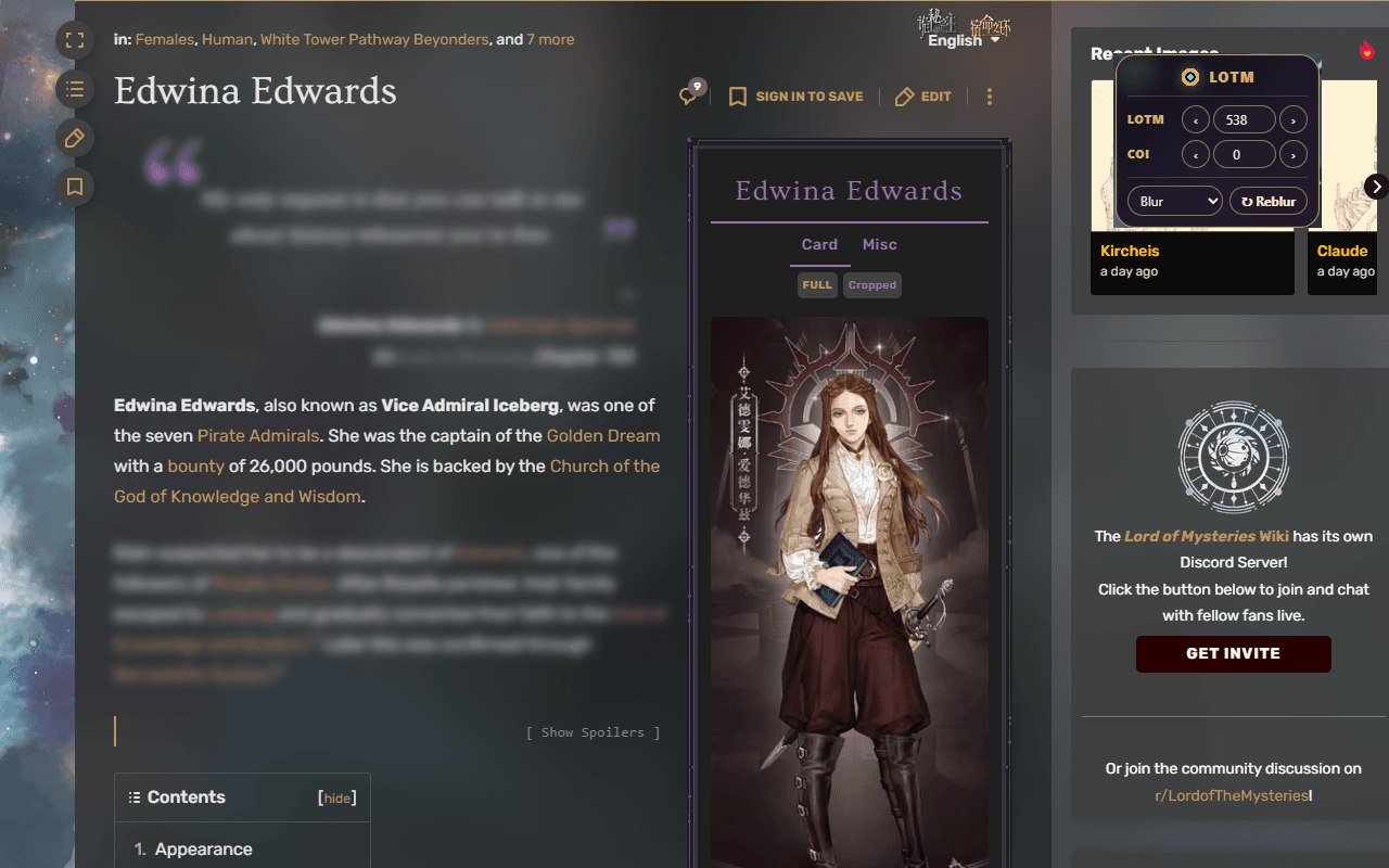 Fandom Spoilers Blocker running on a Lord of the Mysteries Fandom wiki page.